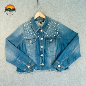 Lane Bryant Denim Jacket Jeweled Embellished Pearls Frayed Hem Women's Plus 14
